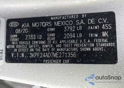 2021 Kia Forte Lxs z USA, uszkodzony, nr VIN 3KPF24AD7ME271356